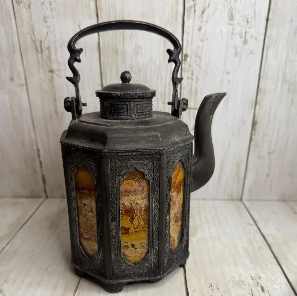 Antique Pewter and Painted Panel Chinese Teapot